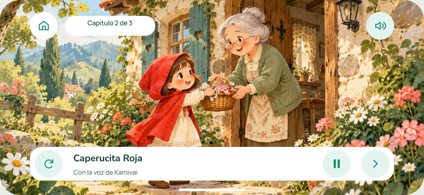 Approved Kamivai player screen: Little Red Riding Hood visits her grandmother, with chapter label, home, sound help and the playback bar