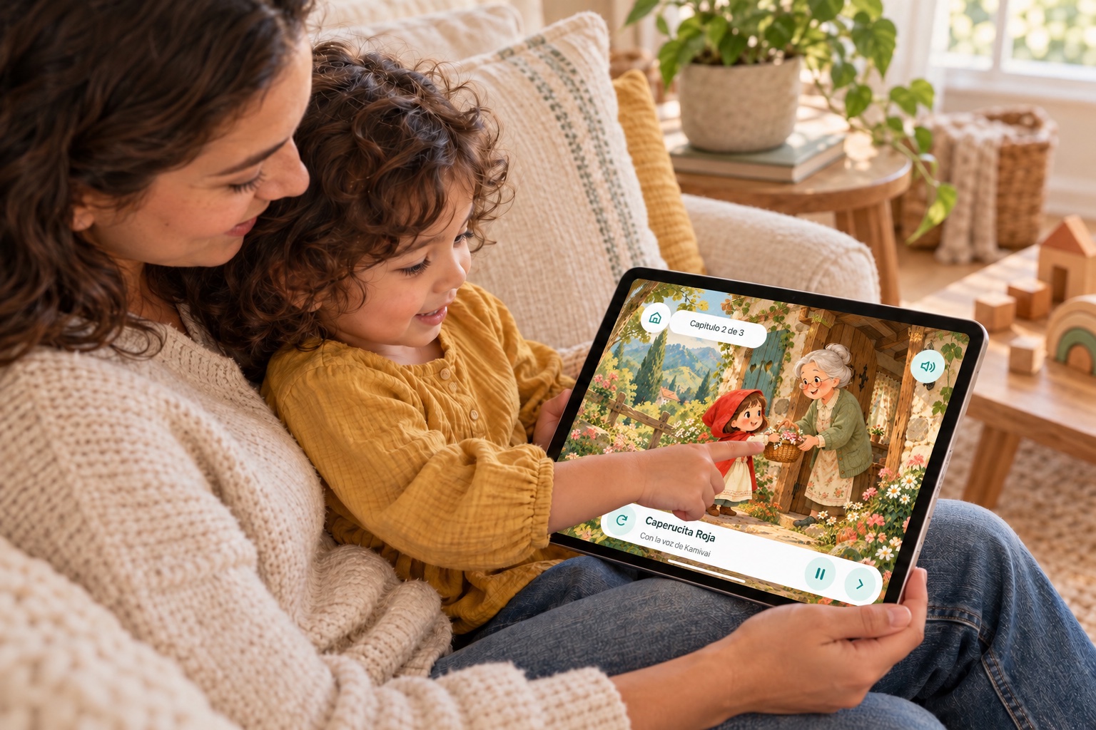 Concept image of a caregiver and child on a sofa pointing out details in Kamivai’s still story illustration on a tablet